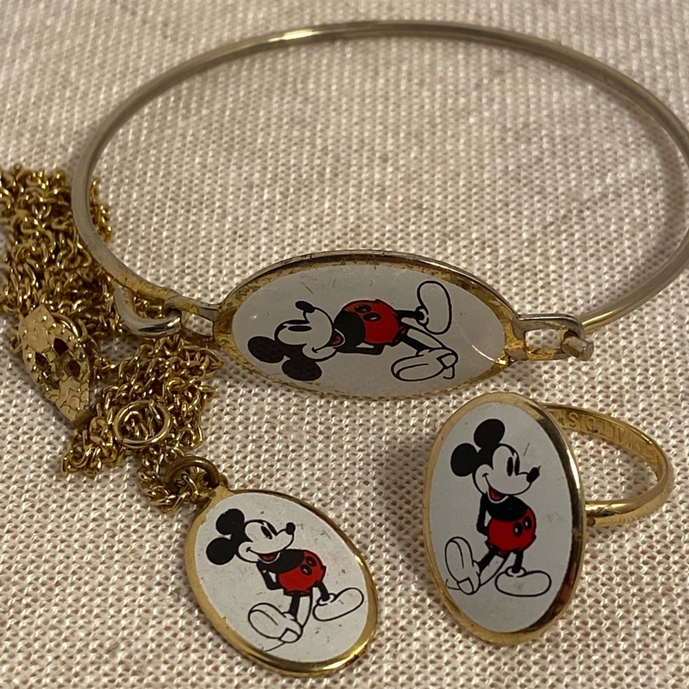 Vintage Disney Mickey Mouse Jewelry Set Gold 1970s ring bracelet necklace 70s